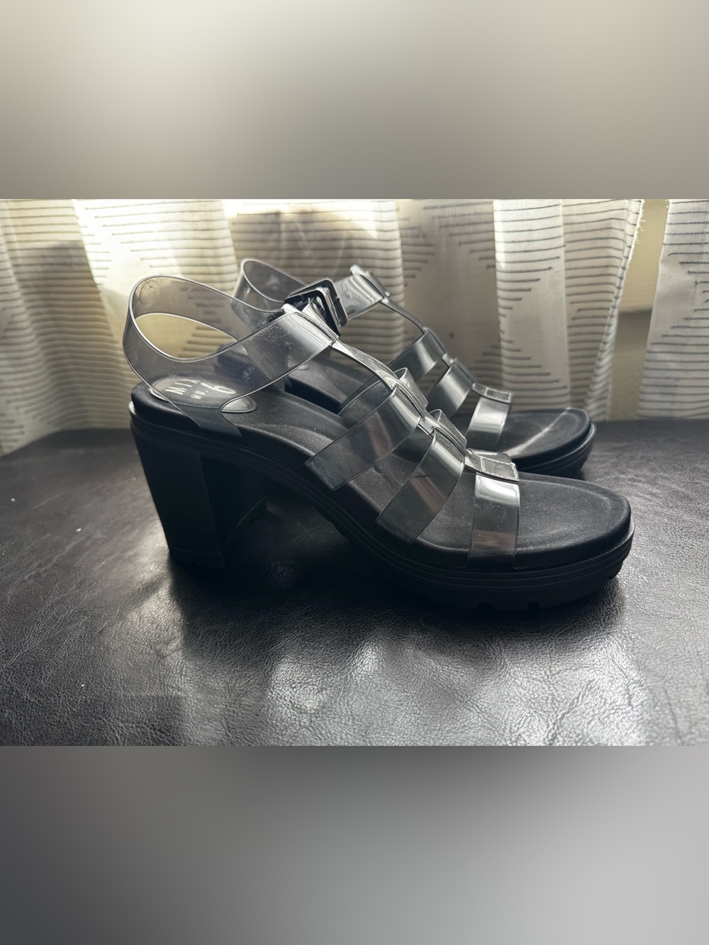 Clear Strappy Block Heel Sandals - Black